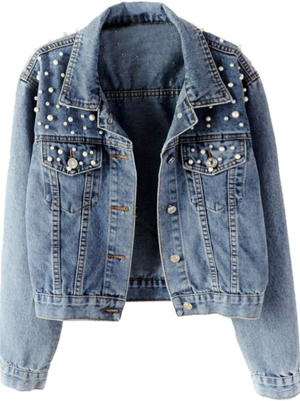 Women Oversized Denim Jacket Embroidered Pearls Beading Jeans Coat